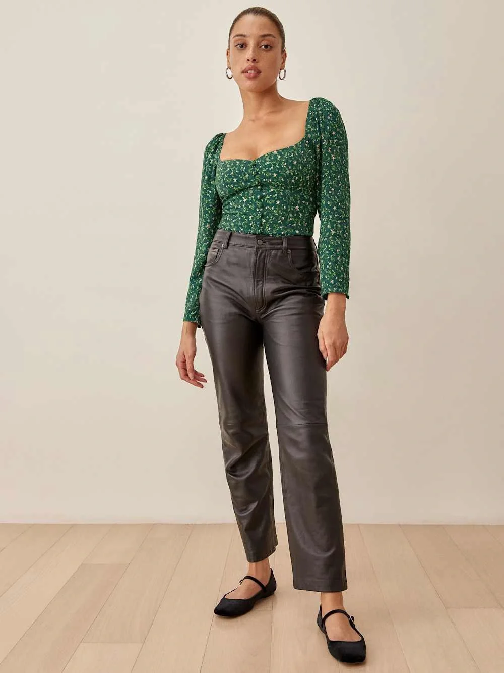 Reformation Clio Top Green Floral Long Sleeve Smocked Back Blouse 25926
